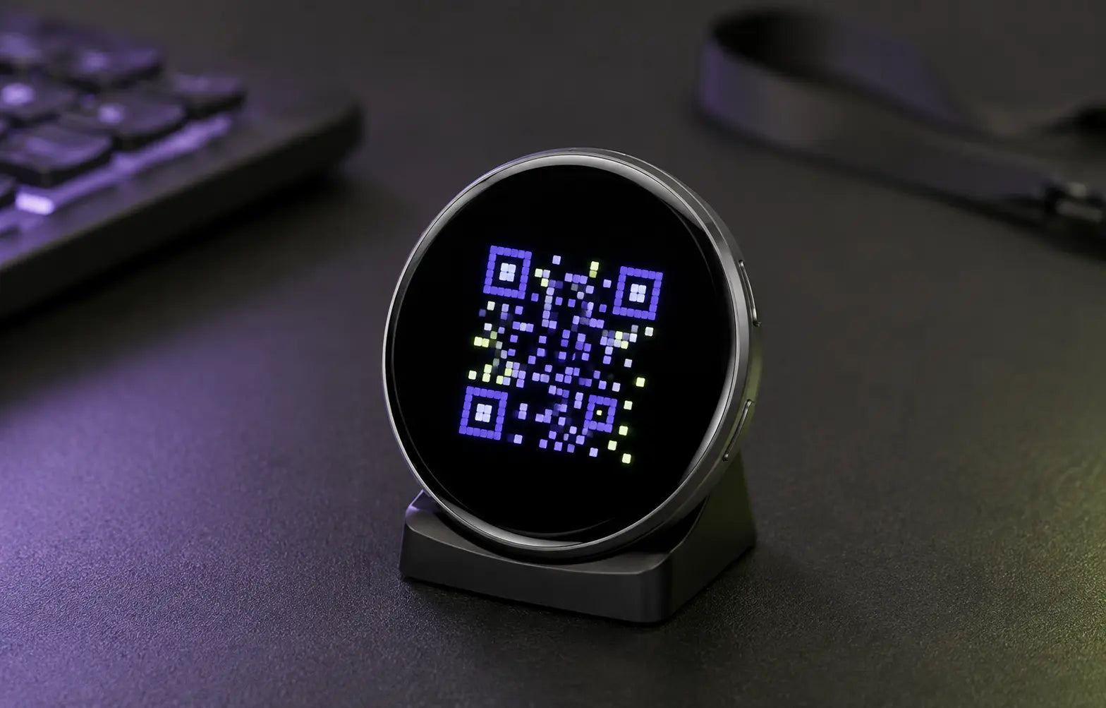VibePin stojący na biurku i wyświetlający kod QR